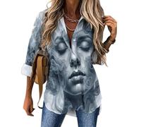 MULERN Camicia Donna Ritratto Surreale con Colletto e Bottoni | Camicia Stampata 3D con Fantasia Donna Del Fumo, Maniche Lunghe, Camicetta Casual Elegante Donna perTempo Libero