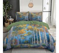 MULERN Pittura A Olio Set Copripiumino Singolo Size 2 Pezzi, Microfibra Traspirante Stampa Foresta Di Pioppi, Blu Giallo Ultra Morbido Parure Letto, 1 Copripiumino 200x140cm + 1 Federe 50x75