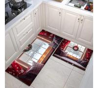 MULERN Set di 2 Tappeti da Cucina Antifatica, Tappetini da Cucina per Tema Natalizio Casa e l'ufficio, Antiscivolo, Tappetini da Cucinetta Rosso Comodi, Ghirlande Vetrine, 43x75cm+43x150cm