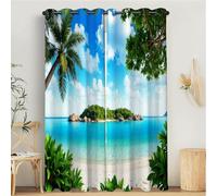 MULERN Set di 2 Tende Oscuranti, Stampate Isola Palme Blu Tende, Isolanti Termici Anti Freddo con Occhielli, 140L x 200A cm Casa Arredamento Tropicale Spiaggia Elemento Due Pannelli