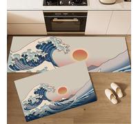 MULERN Set di Tappeti da Cucina Blu 2 Pezzi Con Passatoia - Tappeti E Tappetini Da Cucina Lavabili Antiscivolo Per Tramonto Delle Onde Giappone Ukiyo-E,40x60cm+40x120cm