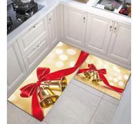 MULERN Set di Tappeti da Cucina, Tappetini in Piedi in Moquette Lavabili, Set di Tappeti da Pavimento Antiscivolo Biglietti Di Natale Oro da 2 pezzi, 40x60cm+40x120cm, Campanelli Nastri