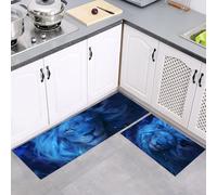 MULERN Set di Tappetini da Cucina Antiscivolo 2 Pezzi, Tappeti Blu-Ray Leone Fantasy Art Lavabili Resistente all'olio, per Corridoio Sala da Pranzo Ingresso, Blu, 40x60cm+40x120cm