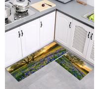 MULERN Set di Tappetini da Cucina Antiscivolo 2 Pezzi, Tappeti Campo Di Fiori Di Lupino Campagna Alba Lavabili Resistente all'olio, per Corridoio Sala da Pranzo Ingresso, Verde, 40x60cm+40x120cm