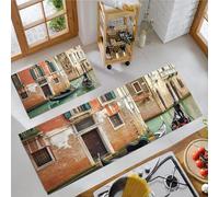 MULERN Set di Tappetini da Cucina Antiscivolo 2 Pezzi, Tappeti Canale Strada Villaggio Edifici Lavabili Resistente all'olio, per Corridoio Sala da Pranzo Ingresso, Arancione Verde, 40x60cm+40x120cm