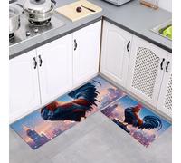 MULERN Set di Tappetini da Cucina Antiscivolo 2 Pezzi, Tappeti City Rooster Film Arte Lavabili Resistente all'olio, per Corridoio Sala da Pranzo Ingresso, Viola Blu, 43x75cm+43x150cm