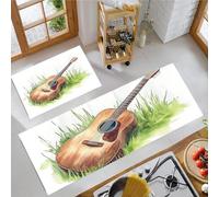 MULERN Set di Tappetini da Cucina Antiscivolo 2 Pezzi, Tappeti Erba Chitarra Vintage Acquerello Lavabili Resistente all'olio, per Corridoio Sala da Pranzo Ingresso, Verde salvia, 43x75cm+43x150cm