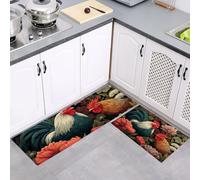 MULERN Set di Tappetini da Cucina Antiscivolo 2 Pezzi, Tappeti Fiori Di Gallo Illustrazione Lavabili Resistente all'olio, per Corridoio Sala da Pranzo Ingresso, Verde scuro, 40x60cm+40x120cm