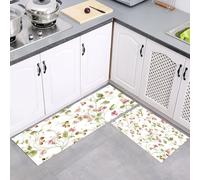 MULERN Set di Tappetini da Cucina Antiscivolo 2 Pezzi, Tappeti Piccoli Fiori Viticci Bacche Carino Lavabili Resistente all'olio, per Corridoio Sala da Pranzo Ingresso, Rosa Verde, 43x75cm+43x150cm
