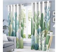 MULERN Tende Oscuranti con Stampa 3D, Acquerello Piante Campo Di Cactus 117L x 183A cm Tende Forate Oscuranti Insonorizzate Set da 2 Pezzi, Per Camera da Letto, Cameretta Dei Bambini, Bianco-Verde