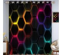 MULERN Tende Oscuranti Con Stampa 3D, Arte Astratta Neon Esagono, 140L x 240A cm Tende Insonorizzate Set da 2 Pezzi Con Occhielli, Per Camera da Letto, Cameretta dei Bambini, Grigio scuro