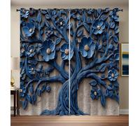 MULERN Tende Oscuranti con Stampa 3D, Rilievo Arte Albero Della Vita Fiori 140L x 260A cm Tende Forate Oscuranti Insonorizzate Set da 2 Pezzi, Per Camera da Letto, Cameretta Dei Bambini, Blu scuro