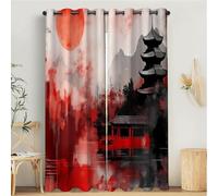 MULERN Tende Oscuranti Per Interni 2 Pezzi Con Occhielli, 3D Tradizione Architettura Stampa Montagne Pagoda, Tende Oscuranti Termiche Isolanti Rosso Per Soggiorno Cameretta Bambini 140L x 175A cm