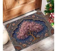 MULERN Zerbino Arte Persiana per Interni, Blu scuro, Tappeto Lavabile 50x80cm con Retro Antiscivolo, Stampa Bordo Ad Arco Con Albero, Sottile in Finta Lana Super Morbida, per Ingresso, Camera