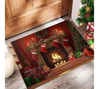 MULERN Zerbino Decorazioni Arte per Interni, Rosso, Tappeto Lavabile 50x80cm con Retro Antiscivolo, Stampa Natale Camino Calze, Sottile in Finta Lana Super Morbida, per Ingresso, Camera