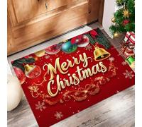 MULERN Zerbino Natale Sfondo per Interni, Rosso dorato, Tappeto Lavabile 60x90cm con Retro Antiscivolo, Stampa Buon Natale Campane, Sottile in Finta Lana Super Morbida, per Ingresso, Camera