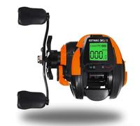 Mulinello da pesca efficiente con contatore digitale della lenza, batteria ricaricabile e funzione di posizionamento della profondità (mano sinistra arancione)