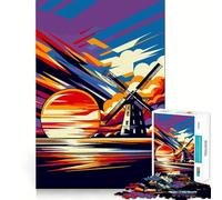 Mulino a vento al tramonto Wpap Art Puzzle per adulti 1000 pezzi Gioco cognitivo a incastro perfetto senza spazi vuoti Attività rilassante per la pausa mentale (38x26cm)