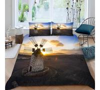 Mulino a Vento Copripiumino Una Piazza e Mezza 200x200 3D Stampa Biancheria da Letto 220 x 240 3 Pezzi Paesaggio al Tramonto Set Copripiumino Microfibra Copri Piumino e 2 Federa M.2650