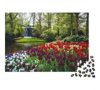 Mulino a Vento Giardino Puzzle 1000 Pezzi Gioco di Puzzle 1000 Pezzi Campo di Tulipani Puzzle per Adulti Relax Casa 70x50cm/1000pcs