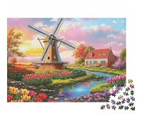 Mulino a Vento Olandese Puzzle 1000 Pezzi Gioco di Puzzle 1000 Pezzi Campi di Tulipani Rurali Carta Adulti Relax Casa Regalo 38x26cm/1000pcs
