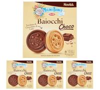 Mulino Bianco Biscotti Baiocchi Choco, Biscotto di Pastafrolla e Tavoletta di Cioccolato al Latte con Nocciole, Ottimi come Snack 144 gr (Confezione da 4)
