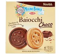 Mulino Bianco Biscotti Baiocchi Choco, Biscotto di Pastafrolla e Tavoletta di Cioccolato al Latte con Nocciole, Ottimi come Snack 144 gr
