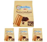 Mulino Bianco Biscotti Frollini Nascondini con Cioccolato da Mordere, Senza Olio di Palma, Colazione Ricca di Gusto, 1 Kg (Confezione da 4)
