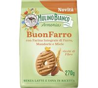 Mulino Bianco BuonFarro, Biscotti Frollini con Farina Integrale di Farro, Mandorle e Miele, Ricchi di Fibre, Senza Latte e Uova in Ricetta, Confezione 270g (Confezione da 8)