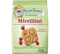 Mulino Bianco Mirtillini, Biscotti Frollini con Farina Integrale, Mirtilli Rossi e Semi di Chia, Ricchi di Vitamina E, Senza Latte e Uova in Ricetta, Confezione 270g (Confezione da 2)