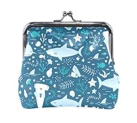 Multi 6 Seamless Blue Underwater Sharks Sea Weed Starfishes on Dark Blue Portamonete in pelle da donna Hasp Card Key Change Wallet Piccola fibbia Borsa a mano Kiss Lock Clutch Pouch Tasca per ragazze