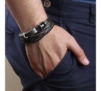 Multi Bracciale Braccialetto UOMO Ecopelle Doppio ad INTRECCIO NERO Intrecciato