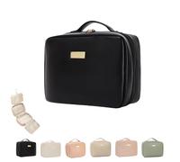Multi Compartment Toiletry Cosmetic Bag, Large capacity, with handles, multiple compartments, waterproof Pu Leather (Rum black)