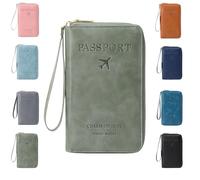 Multi-functional RFID Passport Holder for Travel Essentials,Passport Holder for Travel Essentials,Slim Leather Wallet Cover Case with Safe Zipper, Travel Wallet for Men & Women (Green)