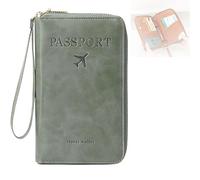Multi-Functional RFID Passport Wallet, Leather RFID Blocking Passport Holder with Zipper, Passport Holder for Travel, Anti-Theft Protective Case Travel Wallet for Women Men (Green)