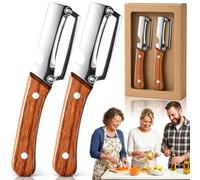 Multi Functional Vegetable Peeler, Stainless Steel Peeler (Sbucciare + Tagliare a Julienne + Lid Opener) with Ergonomic Non-slip Wooden Handle for Tough Skins Potato, Carrot, Pumpkin (2 Pcs C)