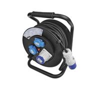 Multibros Avvolgicavo CEE, 25 m, 3 x 2,5 mm², 1 x CEE + 2 x Schuko, IP44, protezione da sovraccarico, neoprene H07RN-F, cavo di alimentazione per camper da campeggio, fino a -35 °C - +50 °C