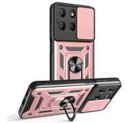 (Multicolor, Rose Gold) Custodia per telefono Motorola Moto G15 4G in PC TPU rosso con supporto e coperchio scorrevole per la fotocamera.