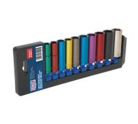 Multicolore Presa Set 10pc 1cmSq Guida 6pt Profondo Walldrive Metrico AK285D