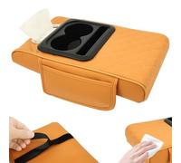 Multifunctional PU Leather Armrest Box Mat,5 in 1 Car Console Organizer with 2 Storage Bags Cup Holder,and Bring a Pack of Paper Tissue Box Phone Slot,Universal Cars Armrest Storage