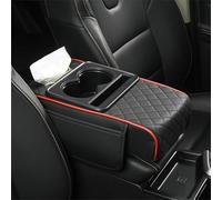 Multifunctional PU Leather Armrest Box Matte - Padded Console Organizer with Cup Holders, Phone Slot & Card Storage, Universal Fit for Center Console Cover (nero rosso)