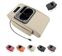 Multifunctional PU Leather Car Armrest Box Mat,2026 Upgraded Car Armrest Cup Holder with Tissue Holder,Cup Holders,Ambient Light, USB Charging Port, Easy to install (Berige)