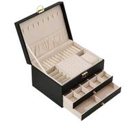 Multifunctional Three Layer Leather Jewelry Box With Lock Earrings Storage For Women per Gioielli e Orecchini(Black)