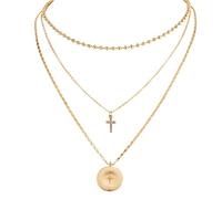 Multilayer Round Beaded Cross Star Pendant Necklace Convenient and clever