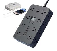 Multipresa 16 in 1 Con Interruttore E Protezione Da Sovratensioni, Multipresa a 6 Prese Con 4 Porte USB (2 USB-C) Con Display Dell'ora, Prolunga Da 1,5 M/3 M(Nero,5ft)