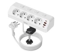Multipresa 4000W con Protezione da Sovratensioni,Ciabatta Elettrica da Scrivania con Ricarica Rapida USB-C PD20W, Presa con 4 Interruttori Indipendenti, Ciabatta e Dispositivo di Fissaggio, Bianco