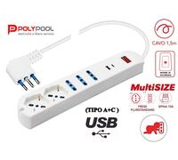 MULTIPRESA 6 PRESE POLIVALENTI ITALIANE+SCHUKO INTERRUT. SPINA 10A + 2 USB A+C