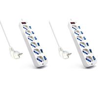 Multipresa a 6 Posti, Ciabatta Elettrica con 6 Prese Italiane e Schuko/Tedesche - Spina Schuko/Tedesca- Potenza 250V/2500W - Cavo da 3 Metri, Prese Angolate a 45° (Confezione da 2)