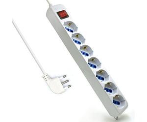 Multipresa a 7 Posti, Ciabatta Elettrica con 7 Prese Italiane 10A/16A e Schuko (Tedesche) - Spina Italiana 16A - Potenza 250V/2500W - Cavo da 1,5 Metri, Prese Angolate a 45°
