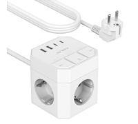 Multipresa Multipla JSVER, Presa di Corrente USB con Porte di Ricarica 2A e 2C (5V 3,4A), Presa di Corrente da Scrivania a Cubo con 3 Interruttori Individuali, Prolunga da 3 m per la Casa (Bianco)